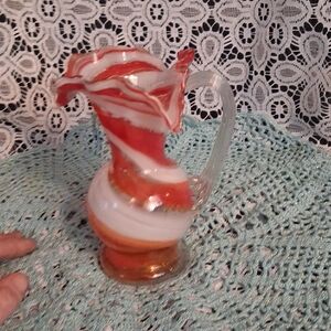 L.E SMITH Artisan Red and White Swirl Glass Pitcher